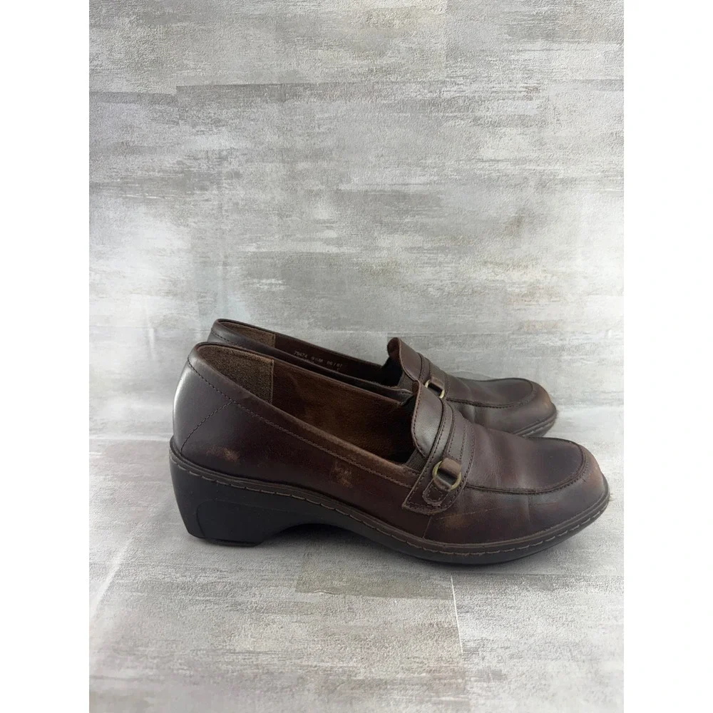 Clarks Women Brown Leather Block Heel Loafers Square Moc Toe 79474 Size 9.5M